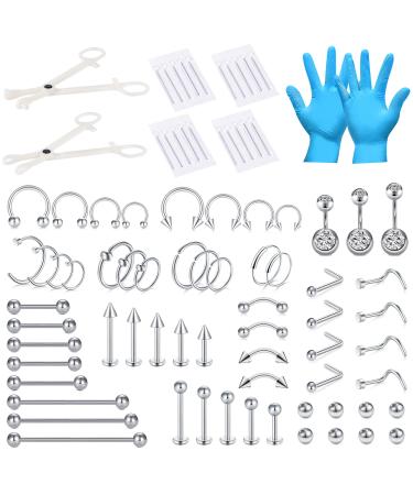 75PCS Mixed-size Piercing Kits for All Piercings,Stainless Steel Piercing Kit 14G 16G 18G 20G Piecing Needles for Ear Cartilage Tragus Nose Septum Lip Nipple Piercing Tools 1-75PCS-Mixed-size