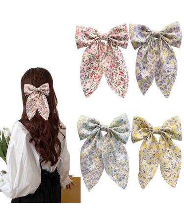 SALOCY Chiffon Hair Bows for Women Girls 4 PCS Barrette Hair Clip Long Black Ribbon Bows French Style Hair Accessories for Summer (Pink Yellow Blue Purple)
