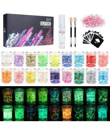 Glow in The Dark Face Body Glitter 18 Colors Luminous Glitter Set with Glue Holographic Chunky Glitter for Eye Nail Art Long Lasting Sparkling Cosmetic Makeup Glitter for Halloween Festival Cranivals