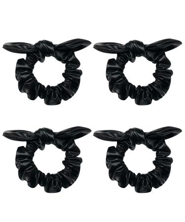 4 Pack PU Leather Bow Hair Scrunchies Bobbles Ponytail Holder Rabbit Ear Hair Ties Hair Bands for Girls Cheer Dance Recital Birthday Shirt Themed Party Festivals (Black)