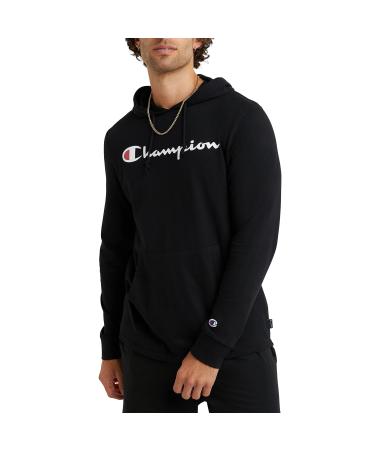 Champion Men's Hooded Long-Sleeve Tee Shirt for Men, Cotton Men's T-Shirt Hoodie, Script Logo Large Black Script
