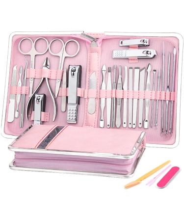 SONGQEE Manicure Set Nail Set Nail Clipper Kit for Women/Men Manicure & Pedicure Sets 29pcs Nail Clipper Set Professional Stainless Steel Pedicure Set Fashion Grooming Tools for Girls (Pink Leather)