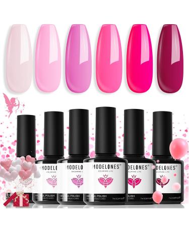 Modelones Gel Nail Polish 6 Colors Hot Pink Tones Neon Pink Shades Magenta Light Soft to Dark Gel Polish Nail Art Design for Women Girls Salon DIY Home Manicure Kit Valentine's Day Nails Gift