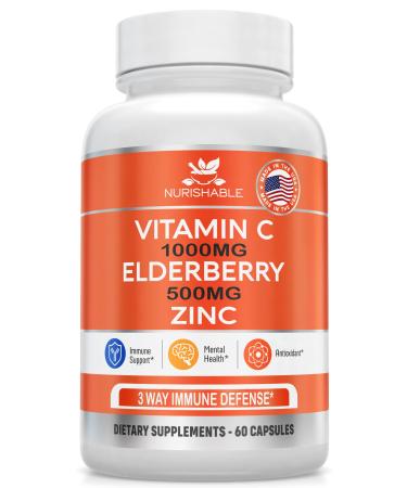Elderberry with Zinc and Vitamin C For Adults - Vitamin C 1000mg Capsules with Zinc 50mg & Elderberry for Immune Support & Antioxidant Protection - Easy To Swallow  Non-GMO - 60 Veggie Capsules