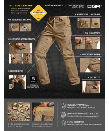 CQR Men's Flex Stretch Tactical Pants - Water Resistant Ripstop Cargo Pants - Buy Online on GoSupps.com
