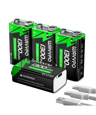 9V Rechargeable Batteries 1300mAh Lithium Batteries USB-C Charge with 2 in 1 Charging Cable for Microphone Electronic Toys Smoke Detector Alarms walkie-Talkie etc (4 Pack)