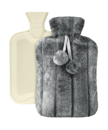 Vicloon Hot Water Bottle Soft Premium Faux Fur Cover 2L Hot Water Bottle for Hot and Cold Compress Hand & Feet Warmer Muscle Pain Relief Hot Water Bag for Great Gift Safe and Durable (Grey)