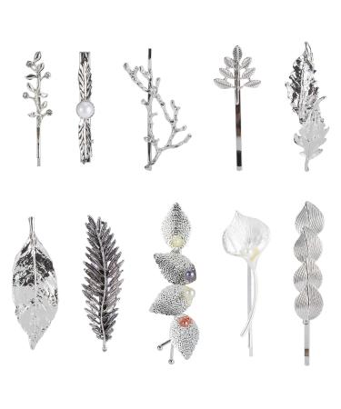 10 Pack Silver Vintage Retro Geometric Minimalist Branch Leaf Flower Metal Hair Clip Hairpin Snap Barrette Stick Claw Grip Clamp Bobby Pins Alligator Hairclips Party Hair Accessories for Women Girl