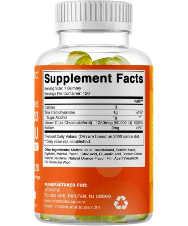 Vitamatic Sugar Free Vitamin D3 50,000 IU Weekly Supplement - 120 Pectin Based Gummies - Vitamin D Capsules for Bones, Teeth, and Immune Support (50000 IU) - 2 Pack - Buy Online on GoSupps.com