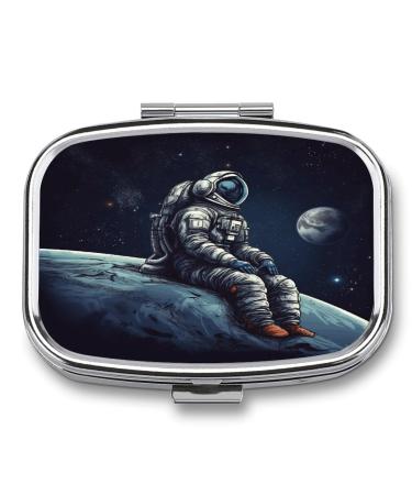 Pill Box Astronaut Space Print 2 Compartment Medicine Pill Case Pill Organizer Decorative Metal Portable Pill Box for Pocket Or Purse