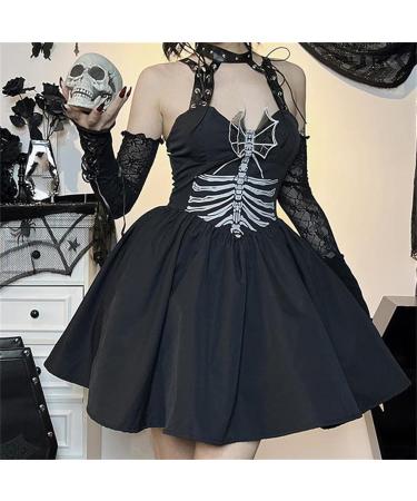 Women's Gothic Dark Fit Slim Slim Strap Print Dress 80S Costumes for Women Black Medium - Buy Online on GoSupps.com