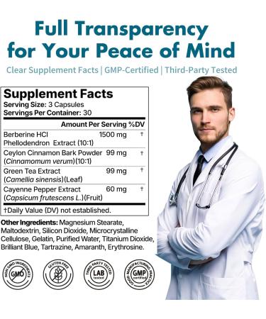 GLP-1 Supplement High Potency Berberine HCl 1500mg with Ceylon Cinnamon Green Tea & Cayenne Extract Supports Appetite Control Gut Balance & Metabolism 90 Capsules - Buy Online on GoSupps.com