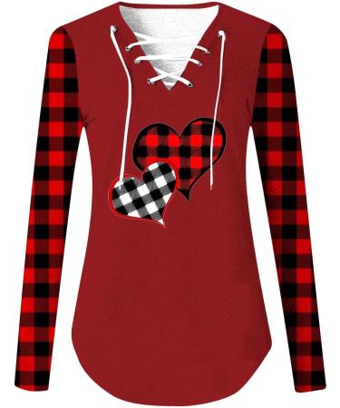 oelaio Valentine's Day 2024 Women's Casual Long Sleeve Top Blouses Round Neck Plaid Loose Printed T-Shirts Tunic Tops - Buy Online on GoSupps.com
