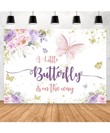 Aperturee 7x5ft Butterfly Baby Shower Backdrop A Little Butterfly is on The Way Photo Purple and Pink Floral Gold Spots Flowers Photography Background Princess Girl Party Decoration Banner Photo Booth