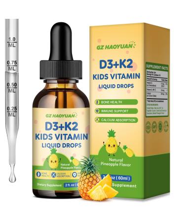 GZ HAOYUAN Kids Vitamin D3 K2 Drops Vitamin D3 K2 (MK-7) Supplement with Calcium for Kids & Adults - Support Healthy Bones & Teeth Calcium Absorption & Immunity Sugar Free Pineapple Flavor 2 FL OZ