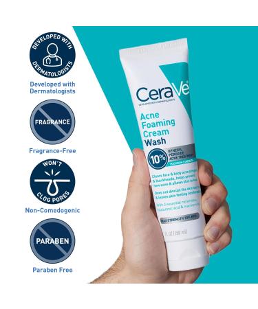 CeraVe Acne Foaming Cream Wash - 10% Benzoyl Peroxide Acne Cleanser Hyaluronic Acid & Niacinamide | Treats Pimples Blackheads & Body Acne - 5 Oz - Buy Online on GoSupps.com