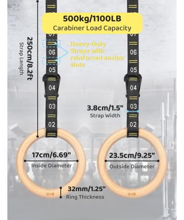 GHB Wooden Gymnastic Rings 1.25'' with Adjustable Numbered Straps for Bodyweight Fitness Training - 32mm Rings Set - Buy Online on GoSupps.com