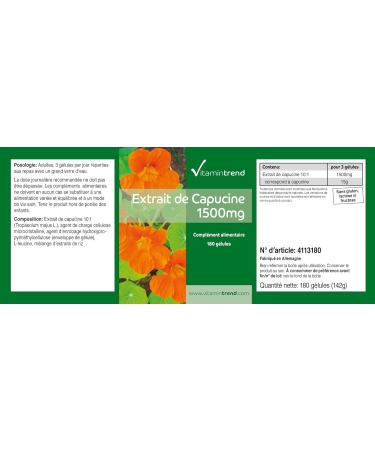 Nasturtium Extract 1500mg - 180 Vegan Capsules | 3-Month Supply | 10x Concentrated | Vitamintrend | International Shipping Available - Buy Online on GoSupps.com