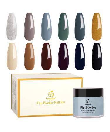 Beetles 12 Colors Dip Powder Nail Kit, Cozy in Cashmere Collection Dipping Powder Set Fall Winter Nail Dip Colors Green Brown Glitter Nail Dip kit
