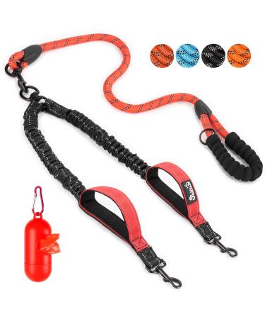Slowton double linen for 2 dogs 360 rotatable reflective dog leash with two padded handles comfortable shock-damping walking training dog leash for large dogs (11-68 kg) 2 handles-l (11-68kg) red