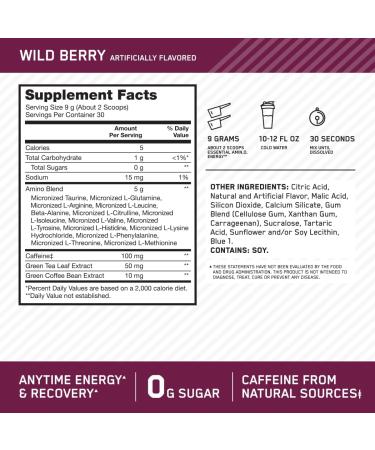 ON Essential Amino Energy | Amino Acid & Energy Formula | 5 Grams of Amino Acids 100 mg of Naturally Sourced Caffeine 5 Calories Sugar Free | 30 Servings (Wild Berry) Wild Berry 30 Servings (Pack of 1) - Buy Online on GoSupps.com