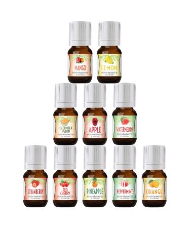 Fruity Fruits Good Essential Fragrance Oil Set (Pack of 10) 5ml Set Includes Strawberry, Apple, Watermelon, Pineapple, Cucumber Melon, Red Cherry, Mango, Peppermint, Lemon, and Orange
