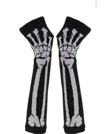 Butterme What Fashion Women Winter Warm Knitted Skeleton Bone Long Fingerless Gloves (Black)