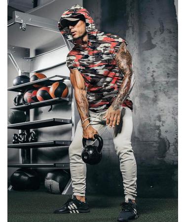 Mens Sleeveless Hooded Workout Tank Top | Red Camouflage | XX-Large - Buy Online on GoSupps.com