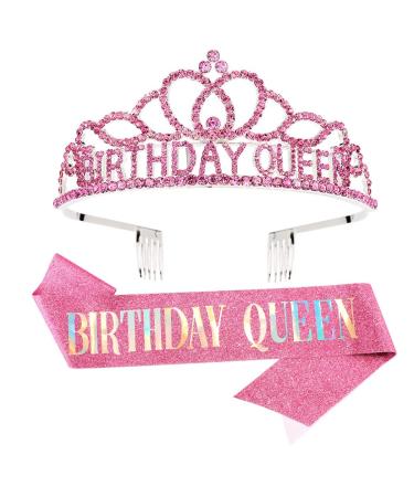 AOPRIE Birthday Crown for Women Birthday Queen Sash for Women Birthday Tiara for Women Birthday Girl Headband Princess Crown Rhinestone Happy Birthday Accessories Pink