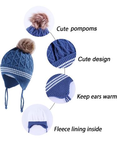LANGZHEN Toddler Kids Winter Earflap Knit Hat with Fleece Lining - Blue Pompon | 1-2 Years - Buy Online on GoSupps.com