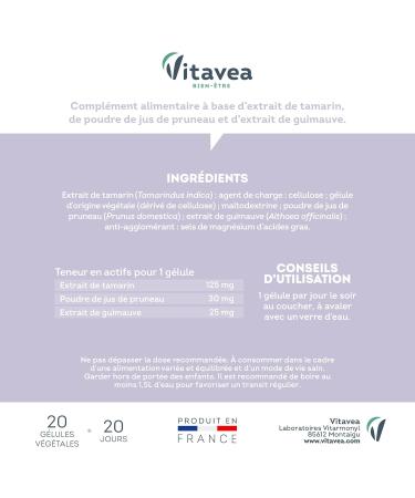 VITAVEA BIEN-ETRE - Regular Transit Food Supplement - Ideal Transit Intestinal Comfort Adult Constipation - Plum Tamarind Marshmallow - 20 capsules - 20 day cure - Made in France - Buy Online on GoSupps.com