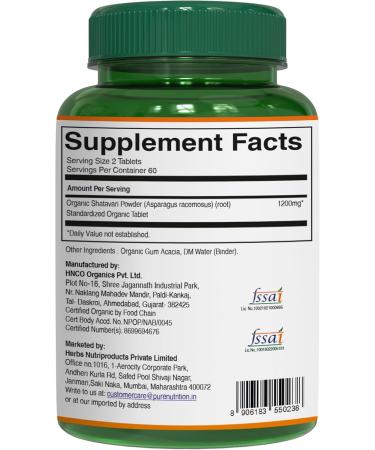 Pure Nutrition Organic Shatavari Tablets - 1200mg | 120 Count | USDA Organic | Promotes hormonal Balance & Female Reproductive Health | Non-GMO | Gluten-Free - Buy Online on GoSupps.com