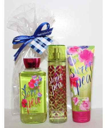 Bath & Body Works Signature Collection Sweet Pea Shower Gel Ultra Shea Body Cream & Fine Fragrance Mist 3 pc Gift Bag