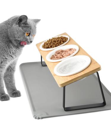 Otoomenz Cat Bowl Ceramic Cat Food Bowls With 15 Tilted Wood Stand Raised Cat Bowls for Food and Water Bamboo Cat Feeding Station with Cat Food Mat for Cats and Puppy (3 Bowls with Stand)