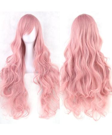 ColorfulPanda Charming Long Pink Curly Full Hair Wig Anime Cosplay Halloween Costume Party Synthetic Wigs for Women Rouge Pink