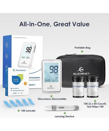 Glucoracy Blood Glucose Monitor Kit with 100 Test Strips & Lancets - Diabetes Testing Kit with Travel Case - BGM Kit - Buy Online on GoSupps.com