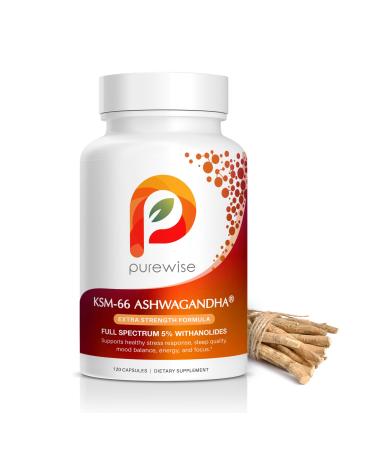 PureWise KSM-66 Ashwagandha 600mg Extra Strength Formula - Stress Relief Supplement for Sleep Support & Mood Support - Organic Full Spectrum 5% Withanolides - 120 Capsules