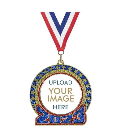 K2AWARDS 2023 Custom Glitter Medal - Custom Engraved Medal with Photograph or Logo Sticker with Red White and Blue Ribbon Attached