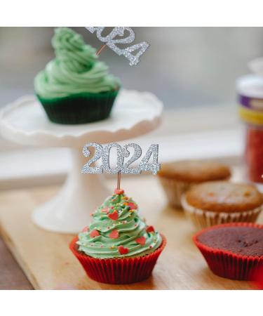 24 Pack 2024 Cupcake Toppers Glitter 2023 Food Cake Picks Decoration for New Year Birthday Wedding Graduation Party Dessert Decoration (Silver) - Buy Online on GoSupps.com
