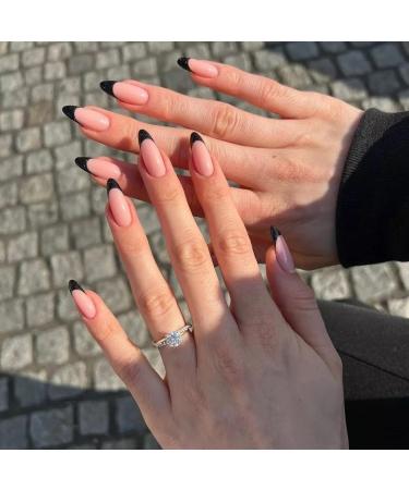 Almond False Nails Short 24Pcs Black French Press on Nails Nude Oval Fake Nails Stiletto Stick on Nails Elegant French Ballet Nude Pink Design for Women Girls Nail Decorations
