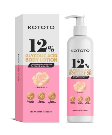 Kototo 12% Glycolic Acid Lotion (10.14 Fl Oz) Moisturizing Body Lotion for Dry Skin Lotions for Extremely Dry Skins Skin Exfoliator for Body Revitalizing Skins Moisturizer for Men & Women
