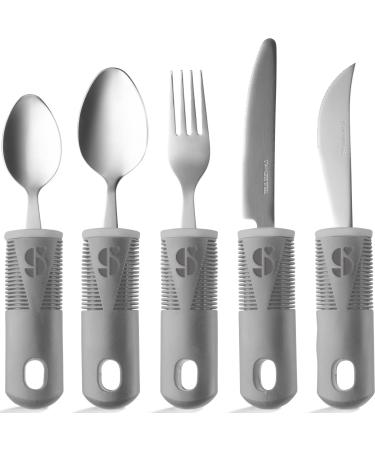 Special Supplies Adaptive Utensils (5-Piece Kitchen Set) Wide, Non-Weighted, Non-Slip Handles for Hand Tremors, Arthritis, Parkinsons or Elderly Use - Stainless Steel Knives, Fork, Spoons - Grey