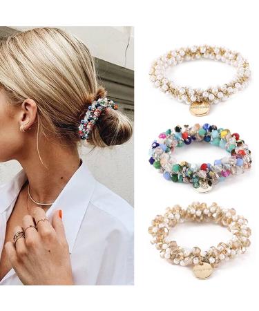 Brinie Crystal Hair Ties White Elastic Hair Scrunchies Pearl Hair Ropes Bead Ponytail Holders Hair Accessories for Women and Girls (Pack of 3) - Buy Online on GoSupps.com