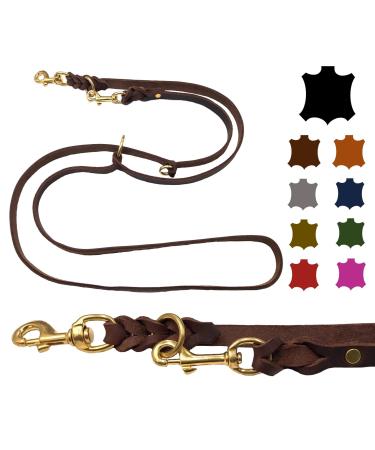 Dogeleine fat leather brass small dogs / large dogs 2m / 2.40m / 2.80m / 3.50m / 5m Double linen adjustable (5m x 12mm dark brown) 5m x 12mm dark brown