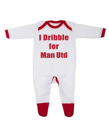 I Dribble For Man Utd' Baby Boy Girl Sleepsuit Designed in the UK Using 100% Fine Combed Cotton 0-3 Months White/Red Trim
