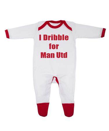 'I Dribble For Man Utd' Baby Boy Girl Sleepsuit Designed in the UK Using 100% Fine Combed Cotton 9-12 Months White/Red Trim