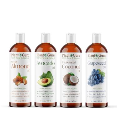 Carrier Oil Variety Set 16 oz Cold Pressed 100% Pure Natural Almond Avocado Coconut Fractionated Grapeseed. For Aromatherapy Essential Oils Skin & Hair Growth Moisturizer. Perfect for Body Massage