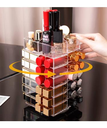 Sooyee Lipstick Organizer 53 Spaces 360 Degree Spinning Lipstick Holder Acrylic Cosmetic Display Cases for Lipstick Brushes Bottles and more Clear