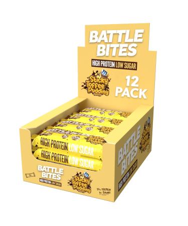 Battle Bites - High Protein Bars 12 x 62g - Sticky Toffee Pudding Flavour - Low in Sugar High in Fibre Free from Preservatives Non-GMO - 20g protein 7.4g fibre + 251 calories per bar - Made in UK Sticky Toffee Pudding 12 Count (Pack of 1) - Buy Online on GoSupps.com