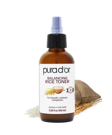 PURA D'OR 3.38 Oz Rice Water Balancing Facial Toner - Hydrating & Soothing Formula with Natural Extracts - Skin Texture Support for Radiant Skin - Alcohol-Free - Travel Size 3.38 Fl Oz (Pack of 1)